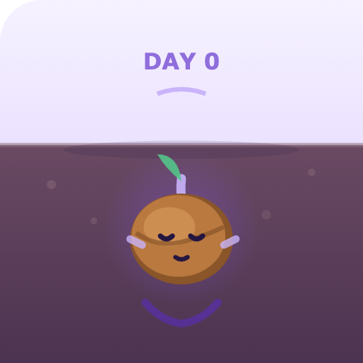 Rooty as a seed underground on day 0, with a small green leaf