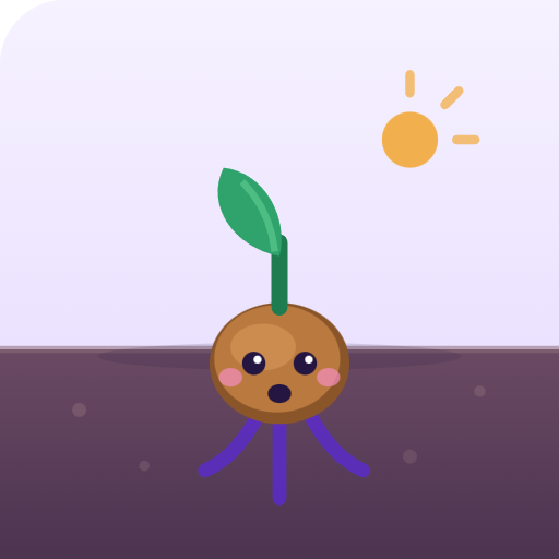 Rooty as a seed sprouting from the soil with a green leaf and purple roots