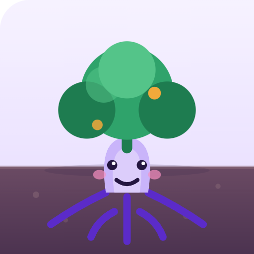 Rooty as a rooted tree with fruit in the canopy